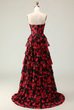 Black and Red Floral Strapless Ruffled Corset Maxi Prom Dress with Slit