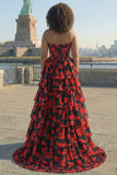 Black and Red Floral Strapless Ruffled Corset Maxi Prom Dress with Slit