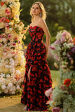 Black and Red Floral Strapless Ruffled Long Corset Prom Dress with Slit