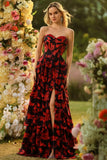Black and Red Floral Strapless Ruffled Long Corset Prom Dress with Slit