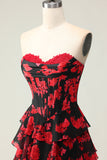 Black and Red Floral Strapless Ruffled Corset Maxi Prom Dress with Slit