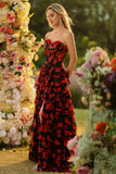 Black and Red Floral Strapless Ruffled Long Corset Prom Dress with Slit