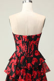 Black and Red Floral Strapless Ruffled Corset Maxi Prom Dress with Slit