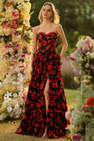 Black and Red Floral Strapless Ruffled Long Corset Prom Dress with Slit
