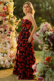 Black and Red Floral Strapless Ruffled Long Corset Prom Dress with Slit