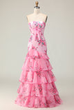 Pink Floral Strapless Ruffled Mermaid Maxi Prom Dress