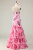 Pink Floral Strapless Ruffled Mermaid Maxi Prom Dress