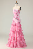 Pink Floral Strapless Ruffled Mermaid Maxi Prom Dress