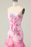 Pink Floral Strapless Ruffled Mermaid Maxi Prom Dress