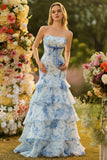Blue and White Strapless Ruffled Mermaid Long Floral Prom Dress
