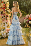 Blue and White Strapless Ruffled Mermaid Long Floral Prom Dress