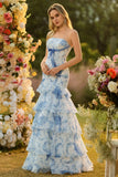 Blue and White Strapless Ruffled Mermaid Long Floral Prom Dress