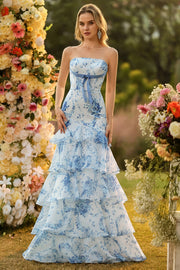 Blue and White Strapless Ruffled Mermaid Long Floral Prom Dress