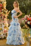 Blue and White Strapless Ruffled Mermaid Long Floral Prom Dress