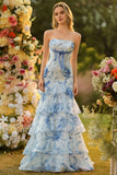 Blue and White Strapless Ruffled Mermaid Long Floral Prom Dress