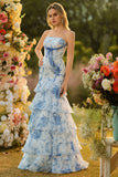 Blue and White Strapless Ruffled Mermaid Long Floral Prom Dress