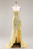 Sparkly Floral Yellow Sweetheart Ruffled Long Mermaid Prom Dress with Slit