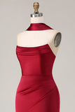 Burgundy Mermaid Neck Scarf Ruched Satin Long Prom Dress