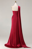 Burgundy Mermaid Neck Scarf Ruched Satin Long Prom Dress