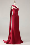 Burgundy Mermaid Neck Scarf Ruched Satin Long Prom Dress