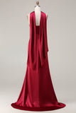 Burgundy Mermaid Neck Scarf Ruched Satin Long Prom Dress