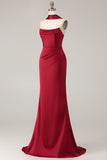 Burgundy Mermaid Neck Scarf Ruched Satin Long Prom Dress