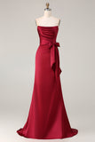Burgundy Mermaid Neck Scarf Ruched Satin Long Prom Dress