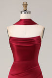 Burgundy Mermaid Neck Scarf Ruched Satin Long Prom Dress