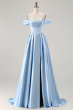 Blue Satin A Line Off the Shoulder Long Lace up Back Bridesmaid Dress with Slit