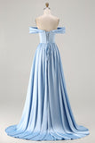 Blue Satin A Line Off the Shoulder Long Lace up Back Bridesmaid Dress with Slit