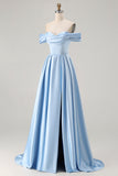 Blue Satin A Line Off the Shoulder Long Lace up Back Bridesmaid Dress with Slit