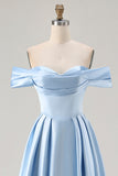 Blue Satin A Line Off the Shoulder Long Lace up Back Bridesmaid Dress with Slit