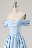 Blue Satin A Line Off the Shoulder Long Lace up Back Bridesmaid Dress with Slit