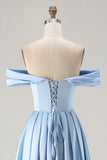 Blue Satin A Line Off the Shoulder Long Lace up Back Bridesmaid Dress with Slit