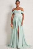Light Green A Line Satin Pleated Long Bridesmaid Dress with Slit