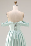 Light Green A Line Satin Pleated Long Bridesmaid Dress with Slit