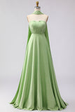 Green White Polka Dots Neck Scarf A Line Long Bridesmaid Dress