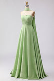 Green White Polka Dots Neck Scarf A Line Long Bridesmaid Dress