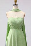 Green White Polka Dots Neck Scarf A Line Long Bridesmaid Dress