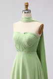 Green White Polka Dots Neck Scarf A Line Long Bridesmaid Dress