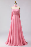 Pink and White Polka Dots Neck Scarf A Line Long Bridesmaid Dress