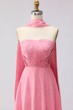 Pink and White Polka Dots Neck Scarf A Line Long Bridesmaid Dress