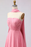 Pink and White Polka Dots Neck Scarf A Line Long Bridesmaid Dress
