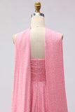 Pink and White Polka Dots Neck Scarf A Line Long Bridesmaid Dress