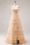 Champagne Floral Tiered A Line Long Tulle Prom Dress with Slit