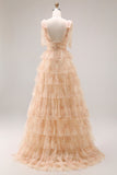 Champagne Floral Tiered A Line Long Tulle Prom Dress with Slit