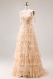 Champagne Floral Tiered A Line Long Tulle Prom Dress with Slit