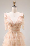 Champagne Floral Tiered A Line Long Tulle Prom Dress with Slit