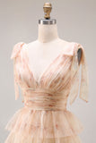 Champagne Floral Tiered A Line Long Tulle Prom Dress with Slit