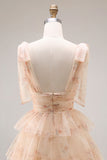 Champagne Floral Tiered A Line Long Tulle Prom Dress with Slit